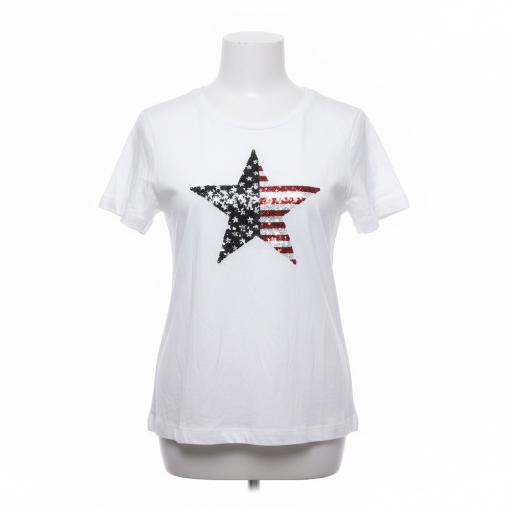 IN Focus Shirt USA Flag Sequin Star White Short Sleeve Tee Patriotic Festival‎